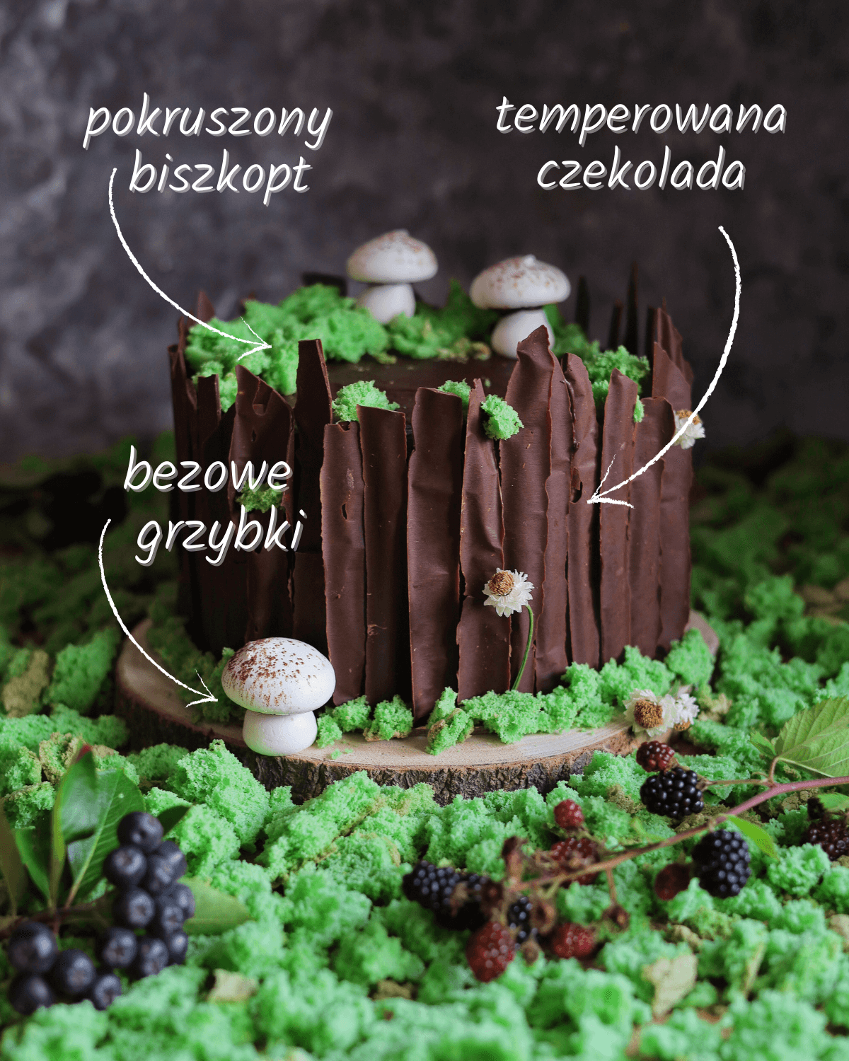 leśny tort w kształcie pnia, kora z temperowanej czekolady, pokruszony biszkopt, bezowe grzybki