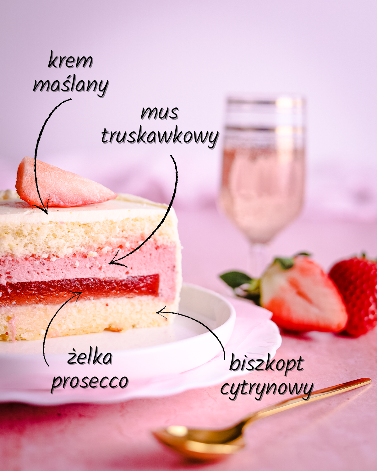 Walentynkowy Bento Cake z musem truskawkowym i żelką prosecco