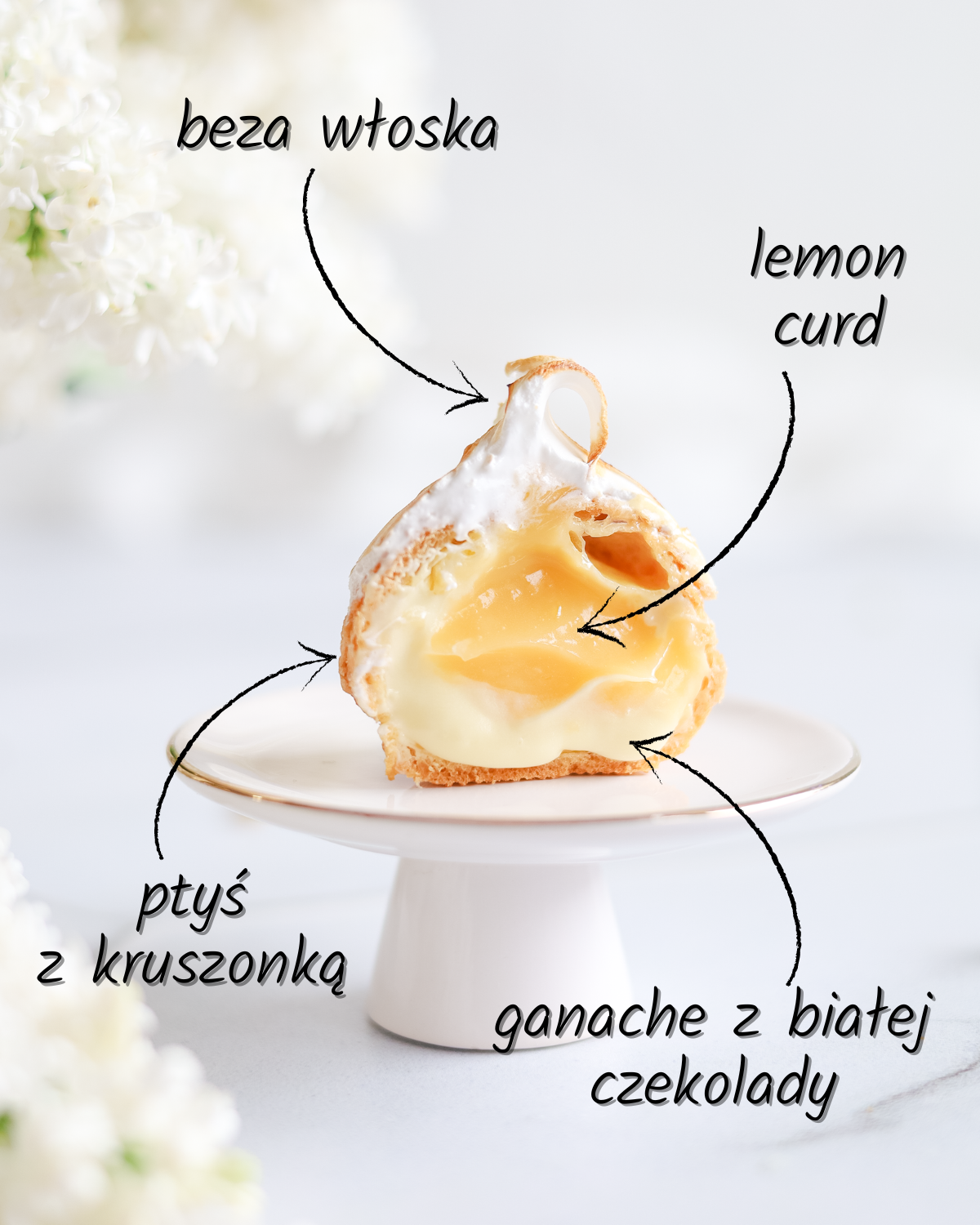 Cytrynowe ptysie z kruszonką, białą czekoladą i bezą włoską